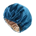 Peacock blue double-layer satin sleep cap with adjustable strap and champagne silk lining - Azure Blue