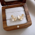 Elegant gold rose earrings with creamy heart-shaped opal design in a vintage jewelry box - Gold Rose Heart Base / 71# Silver Post-Gold-Flower