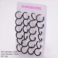 Black 2mm thick stainless steel hoop earrings set on a display card with technical specs - 12 Pairs/Pack (Inner Diameter 14mm) / Black