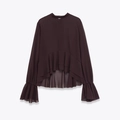 Dunkelrote Chiffonbluse mit langen Ärmeln, Rüschensaum und Glockenmanschetten - XS / Burgunderrot