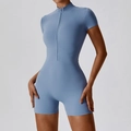Body de yoga à manches courtes pour femmes en bleu brume avec fermeture éclair - S / Bleu Brume