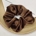 Brown 100% mulberry silk hair scrunchie with sweet cherry print on ceramic plate - Dark Coffee 3.5cm