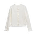 Close-up of white knit cardigan showing pearlescent buttons and ruffled hem detailing - S / Apricot
