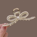 Elegant gold bow hair claw clip with pearls and rhinestones decoration for women - Gold - Bow Pearl Rhinestone
