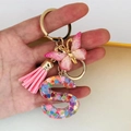 Handheld resin letter S keychain with pink butterfly, tassel, and colorful heart sequins - Butterfly Tassel 8-Shape Buckle / S