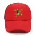 Detailed view of red trucker hat with cartoon frog print and breathable mesh back - Red