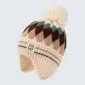 Cream knit baby hat with earflaps and diamond pattern featuring a faux fur pompom - Color-blocked Rhombus / Beige