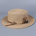 Detailed close-up of woven straw texture and leather band with metal buckle on sun hat - M (56-58cm) / Khaki - Brown Decoration