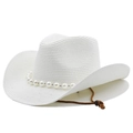Cappello da cowboy in paglia bianca con catena di perle e sottogola regolabile - M (56-58cm) / Bianco Puro