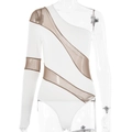 Dettaglio body bianco monospalla con patchwork in rete marrone e tessuto elastico - S / Bianco