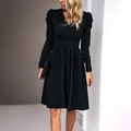 Elegant black V-neck puff sleeve dress with a soft draped silhouette for women - L / Black