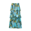 Drielagige midi-rok met bloemenprint in blauw en geel met elastische tailleband - S / Groen