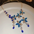 Vintage gold-finish jewelry set with blue floral crystals and teardrop earrings - 19# Necklace - Blue - 2-Piece Set (Necklace & Earrings Set)