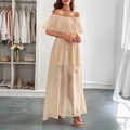 Elegantes beiges schulterfreies Polka-Dot-Maxikleid mit Volantsaum und Taillenkordelzug - S / Aprikose