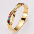 Crossover stainless steel bangle in gold with colorful enamel patterns and hinged clasp - Abstract Geometric Pattern (Style 1)