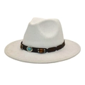 Detail of western fedora hat with brown leather band, wooden beads and turquoise stone - M (56-58cm) / White