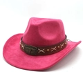 Detail of rose red suede cowboy hat featuring brown leather band and bull skull emblem - M (56-59cm) / Rose Red Faux Suede