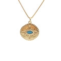Gold-plated Evil Eye pendant necklace with blue turquoise and box chain on white background - Retro Relief Blue Eye Disc