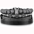 4-piece men's black bracelet set with crown, cubic zirconia, and Roman numeral bangle - Black Set 4pcs (Crown + Cube + Tube + Roman Bangle)