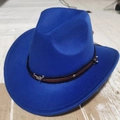 Detail of royal blue felt cowboy hat with leather band and metallic bull head emblem - Small Bull Head Style / Sapphire Blue