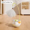 White tumbler cat toy with rotating balls, elastic wand, and large white feather charm - White