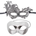 Elegant silver satin and black lace masquerade eye masks for Halloween party costumes - Silver Set (PVC Zorro + Phoenix Lace)