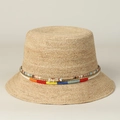 Handmade raffia straw bucket hat with colorful bohemian woven band and shell details - M (56-58cm) / Natural Raffia