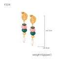 F224 stainless steel pearl and green gemstone fringe earrings in a refined gold finish - Green Natural Stone Dangle Earrings (F224)