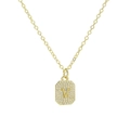 Detail shot of a gold-plated octagonal pendant with encrusted zircons and a central letter V - Necklace V