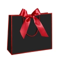 Elegant black paper gift bag with red ribbon bow and red rope handles on white background - Red Frame Black Border; Horizontal Extra Small Size 19*15*7 Ribbon Style