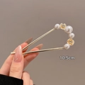 Épingle à cheveux dorée en U avec perles blanches et fleurs en strass, 10,5 cm - Pic à Cheveux en U Doré de 10,5 cm avec Fleur de Perle Croisée (44#)