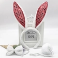Detailed set of white plush rabbit ears headband with sequin bow tie and fluffy tail - Glitter Red