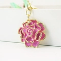 Pink enamel rose flower keychain with rhinestones and gold-plated ring for car keys - Violet