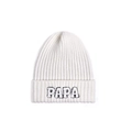 Detailed close-up of white ribbed knit beanie featuring black PAPA letter embroidery - White-PAPA