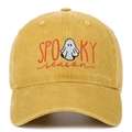 Detail shot of mustard yellow cotton baseball cap with Spooky Season ghost embroidery - Adjustable / Yellow