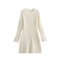 Slim fit cream white ribbed knit dress with round neck and long sleeves for women - S / Milky White