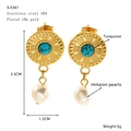 Detail view of gold-plated stainless steel earrings with turquoise and pearls including size spec - Round Radial Texture Style (S-E361)
