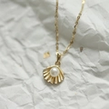 Collar de plata S925 bañada en oro 14k con colgante de concha y perla blanca elegante - Dorado