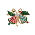 Golden Christmas bell napkin ring with holly leaves and sparkling colorful rhinestones - Double Bells with Bow Style (Z1001-24)