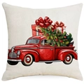 Housse de coussin en lin avec camion rouge vintage et motif de sapin de Noël - Camion Rouge Avec Sapin