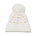 Detailed knit texture of off-white beanie with orange and pink embroidered polka dots - M (56-58cm) / White