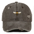Casquette de baseball en coton délavé avec broderie abeille et détails usés vintage - Taille unique / café