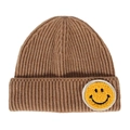 Brown knitted beanie hat with a yellow smiley face patch for autumn and winter - One Size / Khaki