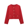 Levendige rode tweed jas met lange mouwen, ronde hals en gouden getextureerde knopen - XS / Rood