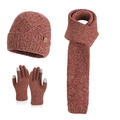 Winter knit set with pom-pom hat, scarf and touch screen gloves in red melange - 3-Piece Set (Hat+Scarf+Gloves) / Mixed Color Red