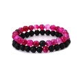 Detail of pink striped natural stone and matte black beads on elastic bracelets - Rose Red Line Stone + Matte Black