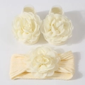 Cream baby set with floral knit headband and soft matching flower socks for newborns - 3-Piece Set (Headband + Socks) / Beige