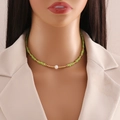 Beaded necklace with green and gold beads and a white pearl shown on a model neck - 4# Fruit Green