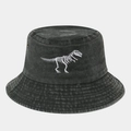 Detailed embroidery of dinosaur skeleton on washed grey denim bucket hat with metal eyelets - M (56-58cm) / Army Green