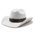 White wide brim western cowboy hat with vintage bull skull buckle and brown leather band - M (56-58cm) / White